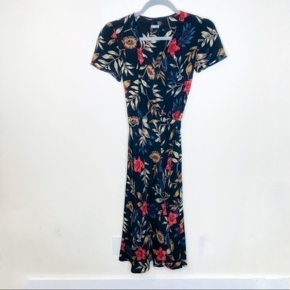 Reformation dress Wrap Midi Tropical Floral Leaf black neutral rust boho hippie - Picture 1 of 7